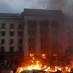 A pro-Russian activist tent camp burns in front of the trade union building in Odessa